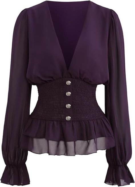 Amazon.com: ROSE GAL Rosegal Victorian Blouse Gothic Steampunk Corset blouse Vintage Long Sleeves Lotus Ruffle Top Elegant Dressy Blouse Women Medieval Renaissance Pirate Shirt(Purple_1/L) : Clothing, Shoes & Jewelry Long Sleeve Blouse Outfit, Pirate Shirt, Corsets Vintage, Victorian Blouse, Corset Blouse, Steampunk Corset, Pirate Shirts, Dressy Blouse, Rose Gal