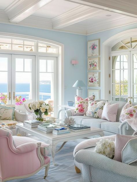 55 Modern Blue Living Room Design and Decor Ideas for Inspiration – CreativeBooster Pastel Home Design, Love Shack Fancy Living Room, Seaside Living Room, Interior Design Pastel Colors, Periwinkle Living Room, Pink And Blue Living Room Ideas, Pastel Blue Interior, Pastel Blue Living Room, Den Room Ideas