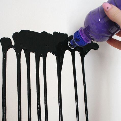 DIY drip feature wall Dripping Wall Paint, Drip Paint Wall Mural, Drip Wall Paint, Neon Wall Paint, Drip Paint Wall, Black Feature Wall Bedroom, Wall Paint Designs Creative, Paint Drip Wall, Paint Drip Design