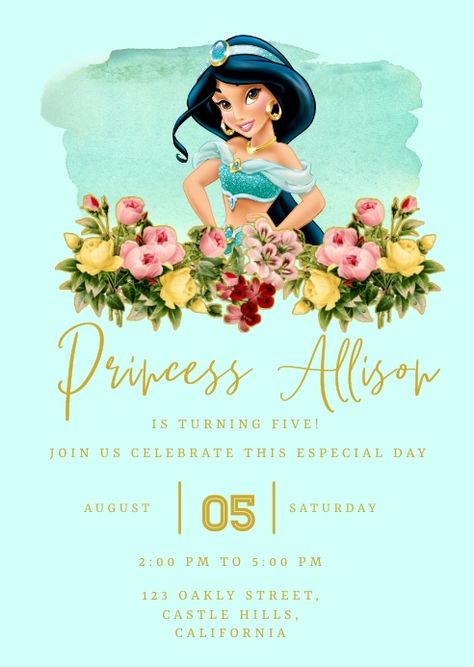 Princess Jasmine Invitation, Jasmine Invitation, Aladdin Birthday Party, Princess Jasmine Birthday, Wedding Background Wallpaper, Princess Card, Jasmine Birthday, Promotional Flyers, Invitation Background