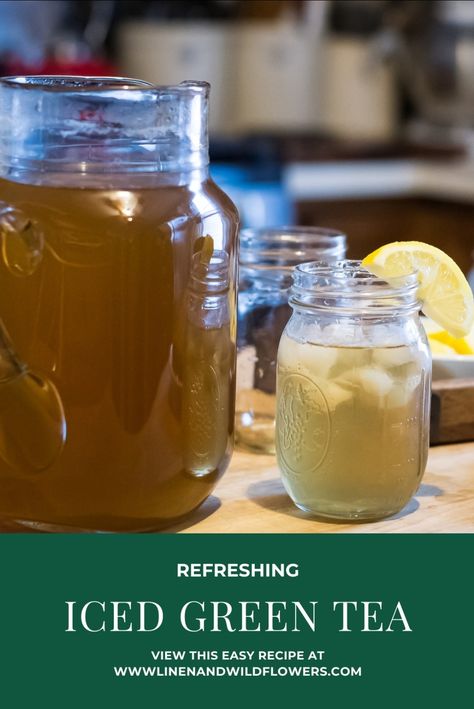 Pitcher of iced Green tea & mason jars Ice Green Tea, Iced Green Tea Recipe, Sweet Green Tea, Sweet Tea Recipes, Green Tea Recipes, Iced Green Tea, Green Tea Bags, Wfpb Recipes, Iced Tea Recipes