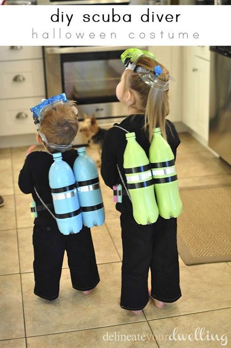 DIY Scuba Diver kid Halloween Costume idea! So fun and easy to make, too… Scuba Diver Costume, Under The Sea Costumes, Sea Costume, Meme Costume, Diy Halloween Costumes For Kids, Homemade Halloween Costumes, Hallowen Costume, Diy Halloween Costume, Homemade Costumes