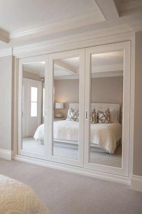 Add mirrored doors to your closet for a stylish and functional update. These doors not only save space but also add light and depth to your room. 🪞✨👗 #MirroredClosetDoors #StylishLiving #HomeDecor #ClosetIdeas Closet Sliding Mirror Doors, Mirror On Closet Doors, Sliding Door Mirror Wardrobe Designs, Closet Mirror Doors Ideas, Farmhouse Mirrored Closet Doors, Mirrored Cupboard Doors, Bedroom Ideas With Mirror Closet, Rooms With Mirror Closet Doors, Closet Door Mirrors