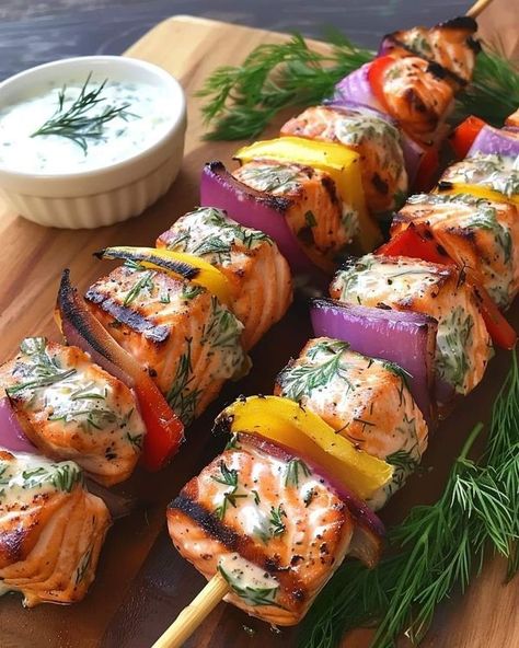 Bariatrics New Meal Plan & Tips | Grilled Salmon Skewers with Creamy Dill Yogurt Sauce | Facebook Dill Yogurt Sauce, Salmon Skewers, Grilled Salmon Recipes, Mediterranean Quinoa Salad, Grilled Bruschetta, Dill Sauce, Avocado Chicken Salad, Glazed Salmon, Fish Dinner