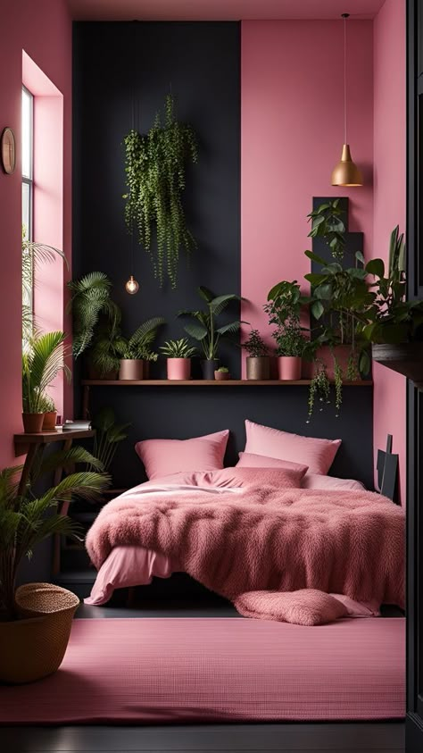 Show Room Living Room, Pink And Black Bedroom, Pink Bedroom Decor, Dekorasi Kamar Tidur, Bedroom Decor Cozy, Pink Bedrooms, Black Bedroom, Woman Bedroom, Apartment Decor Inspiration