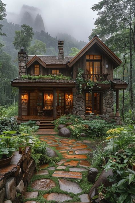 Dream House Forest Nature, Woodland House Interior, Forest Home Exterior, Tiny Cabin Exterior, Forest House Plans, Earthy House Exterior, House In Forest Cottages, Cabin Home Exterior, Cute Cottage In The Woods