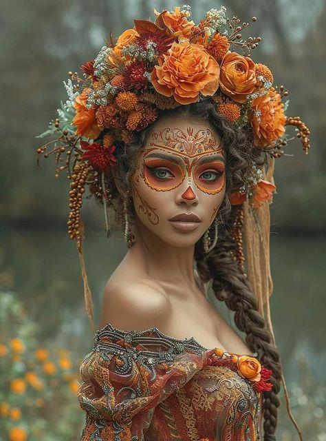 Dia De Los Muertos Hair Ideas, Day Of The Dead Halloween Makeup, Dia Los Muertos Costume, Dia De Muertos Costume Ideas, Day Of The Dead Outfits Woman, Day Of The Dead Headpiece Diy, Dia De Los Muertos Outfit For Women, Dia De Los Muertos Makeup Ideas, Flower Witch