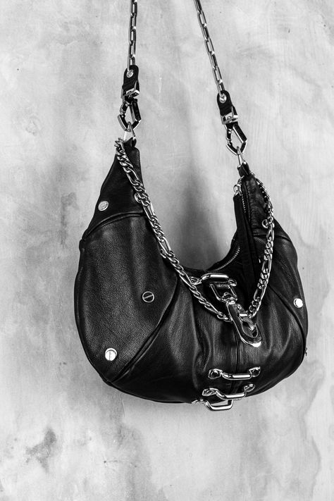 Black Hobo Bag, Goth Purse, Shelf Arrangement, Edgy Bags, Studded Purse, Convertible Crossbody Bag, Draped Top, Black Leather Purse, Side Bags