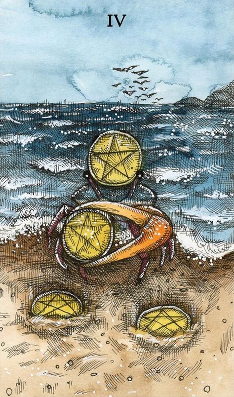 Comparative Tarot — Four of Pentacles. Art by Taylor Hultquist-Todd,... 4 Of Pentacles, Four Of Pentacles, Two Of Pentacles, 5 Of Pentacles Tarot, 6 Of Pentacles Tarot, Three Of Pentacles Tarot, Eight Of Pentacles Tarot, Four Of Pentacles Reversed, Pentacles Tarot