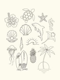 Beach Theme Tattoos, Small Beach Tattoos, Small Girly Tattoos, Summer Drawings, Design Tattoos, My Tattoos, Ocean Tattoos, Small Pretty Tattoos, Flash Tattoo Designs