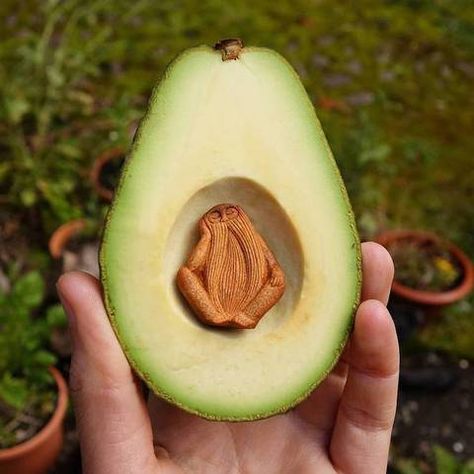 The humble avocado pit has been rescued from the compost bin of obscurity and remade into these magical little sculptures. Avocado Pit Carving, Avocado Jewelry, Avocado Pits, Avocado Pit, Avocado Art, Dremel Carving, Avocado Seed, Face Carving, Fruit Carving