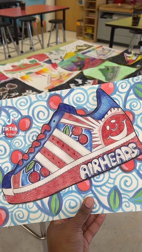 Mrs. Latimer’s Busy Brushes🖌🎨 on Instagram: “***EDIT*** Inspired by Beth Cadenver Dreyer’s Candy Themed Shoe Lesson in Elementary Art Facebook Group! *** This year I added a little…” Art Ideas For Intermediate Students, Candy Sneaker Art Lesson, Shoe Design Art Project, Art Class For Elementary Students, Candy Shoes Art Project, Shoe Design Art Lesson, Grade 8 Art Ideas, Design A Shoe Art Project, Fun Art Projects For Middle School