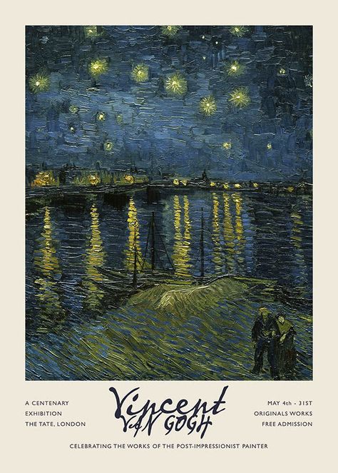 A vintage Art exhibition poster for the master painter Vincent Van Gogh. Featuring his well-known painted masterpiece Starry night, and typography details of the museum exhibition this poster is a beautifully framed, slick piece of art designed by our team in-house. You won't find it anywhere else! Van Gogh Paintings Poster, Room Posters Van Gogh, Vintage Starry Night, Printable Vintage Posters, Starry Night Wall Painting, Room Decor Posters Bedroom Ideas, Room Posters Printable Wall Art, Pictures For Frames Printable, Scrape Art