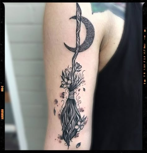 witch Witches Broom Tattoo, Broom Tattoo, Pentacle Tattoo, Sewing Tattoos, Nature Tattoo Ideas, Magnolia Tattoo, Wiccan Tattoos, Egyptian Tattoo Sleeve, Cool Nature