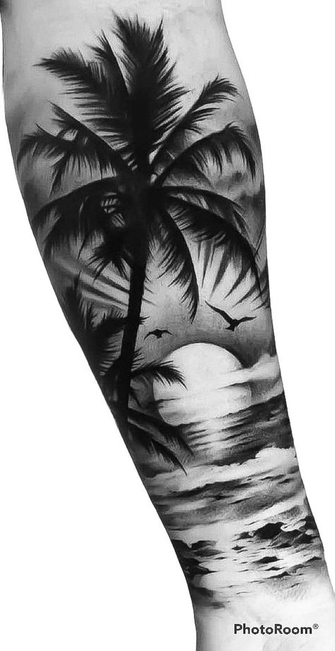 Life Is A Beach Tattoo, Forearm Beach Tattoo, Palm Tree Beach Tattoo Design, Bahama Tattoo Ideas, Beach Leg Sleeve Tattoo, Palm Trees Tattoo Design, Palm Tree Tattoo Design, Beach Scene Tattoo, Strand Tattoo