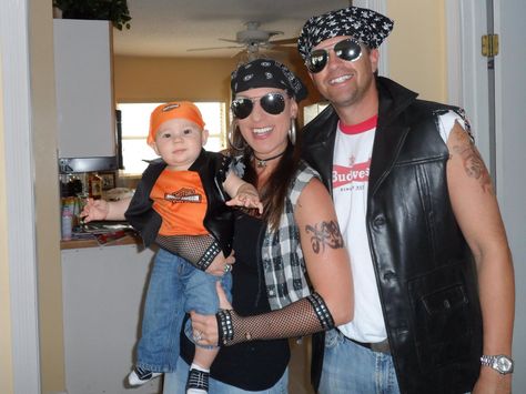 Family Halloween costumes- biker fam Biker Gang Family Costume, Family Biker Halloween Costumes, Biker Dude Halloween Costume, Motorcycle Gang Costume, Biker Gang Halloween Costumes, Baby Twin Halloween Costumes, Twins Halloween Costumes, Biker Chick Costume, Biker Halloween Costume