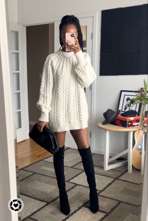 Knit Sweater Dress Outfit, Sweater Dress With Tights, Outfit With Tights, Knitted Dress Outfit, Winter Boots Outfits, Oversized Sweater Outfit, Tight Dress Outfit, Cable Knit Dress, Fall Sweater Dress