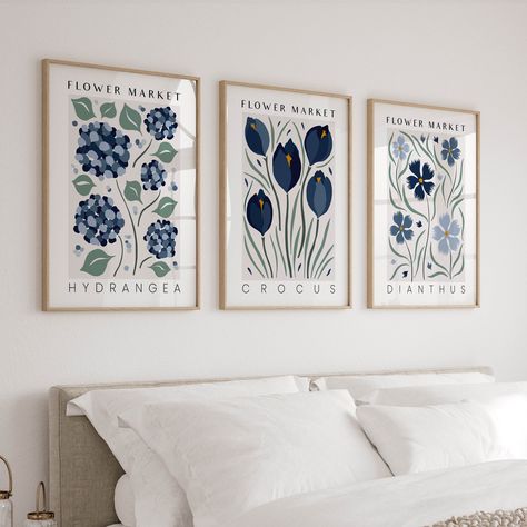 Flower Market Prints in Navy Blue, Set of 3 Botanical Wall Art Prints & Posters, Vintage Retro Floral Gallery Wall Art, Living Room Triptych - Etsy Blue And Gray Wall Art, Bedroom Wall Decor Prints, Navy Gallery Wall, Blue And Green Gallery Wall, Hydrangea Art Print, Muted Wall Art, Three Photos On Wall, Prints For Bedroom Wall Art, Blue Floral Room