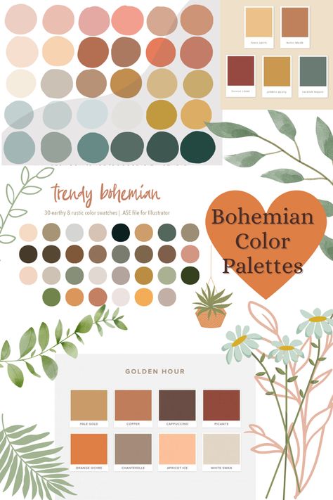 Boho Party Color Palette, Boho Chic Colour Palette, Colorful Earth Tones, Boho Bedroom Palette, Boho Colour Pallete, Boho Aesthetic Color Palette, Rustic Boho Aesthetic, Boho Vintage Color Palette, Teal Boho Color Palette