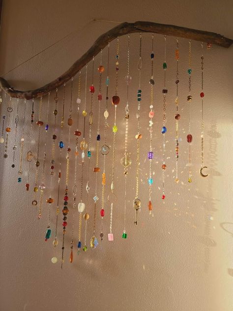 Stick With Beads Hanging, Beaded Curtain Aesthetic, Window Beads Diy, Bohemian Eclectic Bedroom, Bead Decor Ideas, Hanging Crystals Diy, Bead Wall Hanging, Window Beads, Beaded Wall Hanging