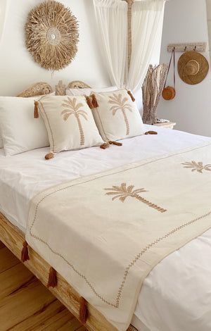 Bed Ideas Boho, Palm Tree Bedding, Boho Style Bedding, Boho Style Interior, Tropical Interiors, Designer Bed Sheets, Embroidered Bedding, Bed Runner, Boho Aesthetic