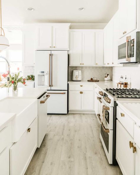 Kitchen Decor With White Appliances, Ge Cafe Matte White Microwave, Cafe Style Appliances, Cafe White Design, White Kitchen And White Appliances, All White Kitchen White Appliances, All White Appliances In Kitchen, Two Tone Kitchen Cabinets With White Appliances, White Cabinets And White Appliances