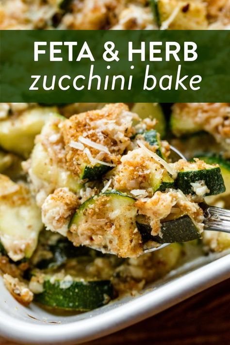 Bursting with oregano, thyme, basil, and garlic, this simple cheesy zucchini side dish bakes in 30 minutes and doesn’t require any pre-cooking. #feta #zucchini #sidedish #easyrecipes #summerrecipes Basil Zucchini Recipes, Side Dish With Zucchini, Chicken Feta Zucchini Recipes, Zucchini Side Dish Thanksgiving, Zucchini Side Recipes Easy, Zucchini Spinach Feta Casserole, Potluck Zucchini Recipes, Feta And Zucchini, Zucchini Feta Recipes