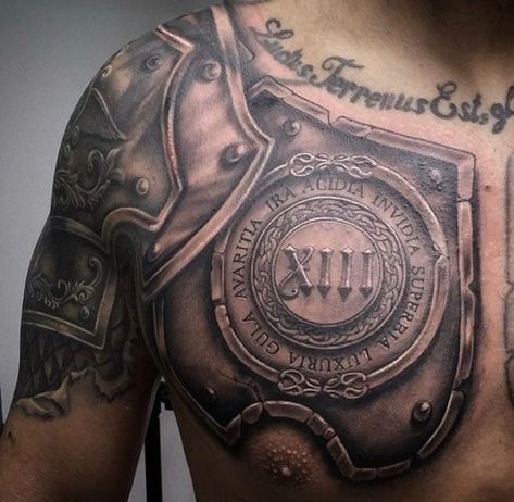 roman warrior armor tattoo design on shoulder and chest  #armor #tattoo #design #ideas #men #masculine Armor Sleeve Tattoo, Armour Tattoo, Shoulder Armor Tattoo, David Hale, Body Armor Tattoo, Tatoo 3d, Shield Tattoo, Roman Tattoo, Spartan Tattoo