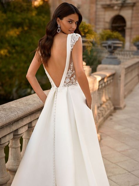 Mikado Wedding Dress, Wedding Dress Low Back, Classic Elegant Wedding, Wedding Dress Cap Sleeves, Lace Wedding Dress With Sleeves, Open Back Wedding Dress, Aline Wedding Dress, Sophisticated Bride, Affordable Wedding Dresses