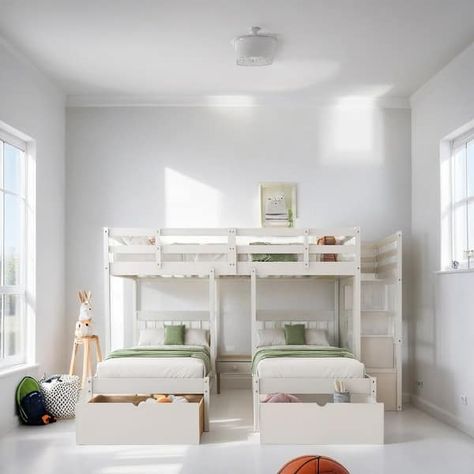 Full Over Twin & Twin Bunk Bed Kids Bed Wood Triple Bunk Bed with Drawers and Guardrails, White - Bed Bath & Beyond - 40161810 Beach House Bunk Beds, Bunk Bed Kids, Triple Bunks, 3 Kids Bedroom, 3 Bunk Beds, Bunk Bed With Drawers, Shared Girls Room, Triple Bunk Beds, Bed Kids