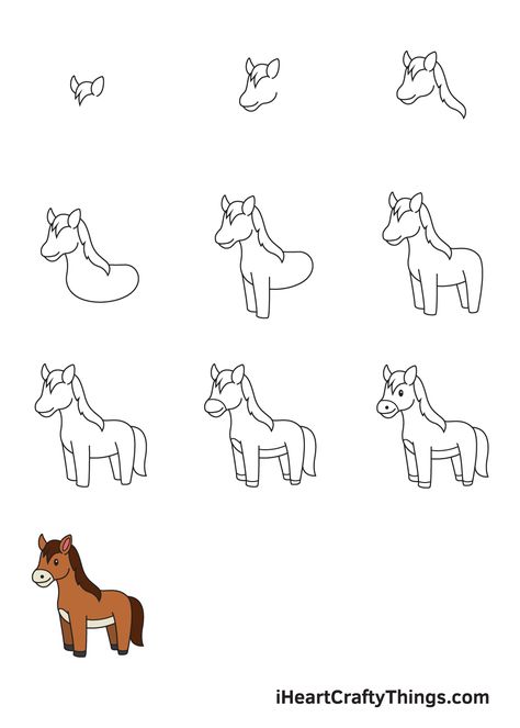 Cartoon Horse Drawing Easy, How To Draw Horses Step By Step, How To Draw A Horse Step By Step, Teletubbies Names, Unicorn Drawing Easy, Easy Horse Drawing, Horse Doodle, Draw A Unicorn, Black Cat Drawing