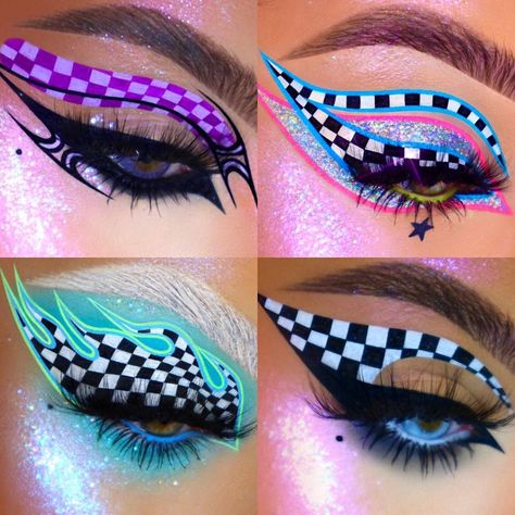 𝕽𝖆𝖕𝖍𝖎𝖊 on Instagram: “✨🏁COMMENT WHICH CHECKERED LOOK IS YOUR FAVE!🏁✨ ° ° ✨I absolutely hate the look I filmed yesterday so I’m posting this instead 🙃 ° ° ° °…” Checkered Eye Makeup, Makeup Calendar, Sick Makeup, Checkered Makeup, Eyeliner Idea, Alt Graphic Liner Hooded Eyes, Rainbow Graphic Liner, Graphic Purple Eyeliner, Purple Alt Eye Makeup