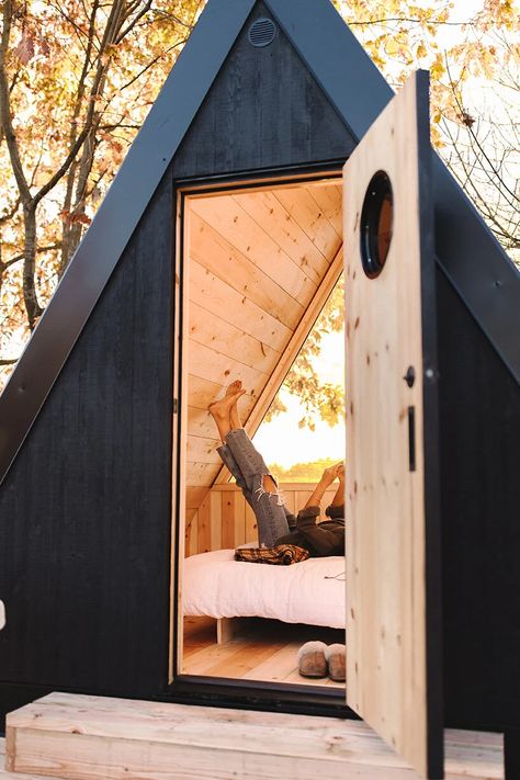 A Frame Sleeping Cabin, A Frame Camping Cabin, A Frame Tiny Cabin Plans, 200 Sq Ft A Frame Cabin, Glamping A Frame, A Frame Fort, Backyard A Frame, Mini A Frame Cabin, Camping Cabin Ideas