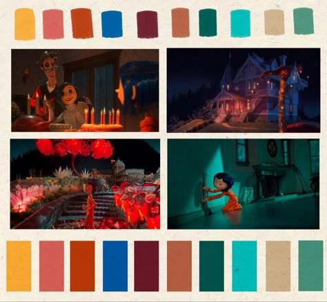 Coraline Colour Palette, Film Color Palette Colour Schemes, Scary Movie Color Palette, Color Palette For Animation, Movie Scene Color Palette, Animation Colour Palette, Into The Spiderverse Color Palette, Emotional Color Palette, Movie Pallets Color Palettes