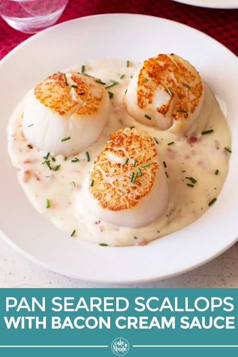 Rose Austin Cooks, Scallops And Bacon Recipe, Sea Scallops Recipes, Scallops Cream Sauce, Dishes To Impress, Pan Seared Scallops Easy, Scallop Sauce Recipes, Keto Scallop Recipes, Scallops In Cream Sauce