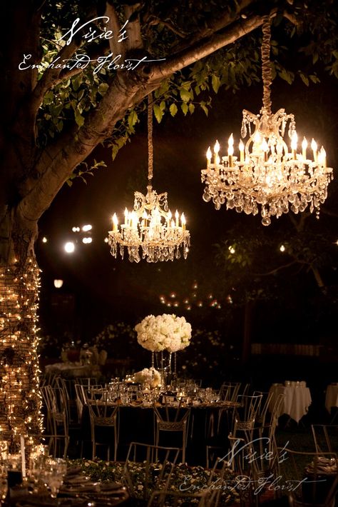 Forest Chandelier Wedding, Chandelier In Trees Wedding, Hanging Tree Lights Wedding, Chandelier Theme Wedding, Wedding Chandelier Outdoor, Chandelier At Wedding, Outdoor Tree Chandelier, Chandelier Tree Wedding, Chandelier Event Decor