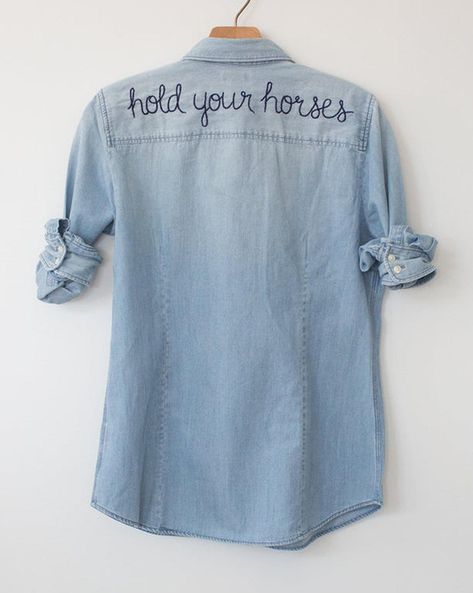 Step up your wardrobe with a custom embroidered shirt from Silver Oaks Farm. Add your brand name, blog or favorite phrase to a shirt. Embroidered Chambray Shirt, Stable Style, Embroidered Denim Shirt, Equestrian Shirt, Chambray Denim Shirt, Park City Ut, Western Denim Shirt, Equestrian Outfits, Embroidered Denim