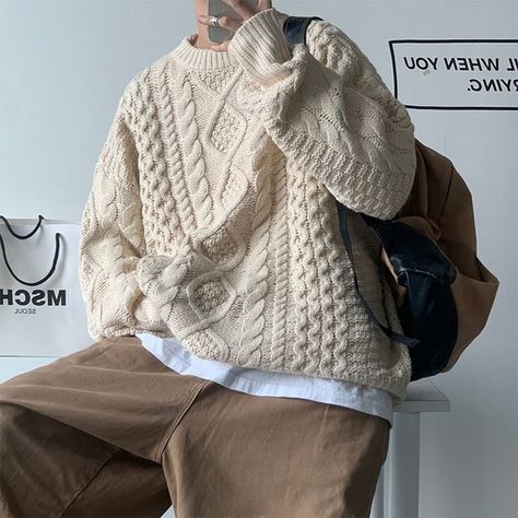 emeisa - Cable Knit Sweater Cable Knit Sweater Outfit, Oversized Knitted Jumper, Sweater Outfits Men, Knit Sweater Outfit, Sweater Streetwear, Waffle Sweater, Branded Sweatshirts, Knitted Jumper, Cable Knit Sweater