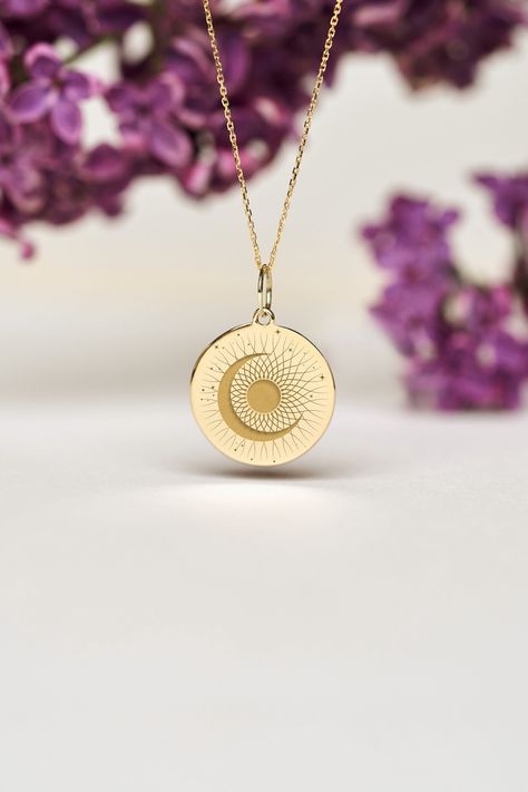 The Moon and Sun Necklace is a beautiful gift that brings good luck and happiness. ● 14K SOLID GOLD ● FREE BACK SIDE PERSONALIZATION ● FREE SHIPPING  ● Inner diameter of the jump ring is 4mm ● Pendant thickness is 0.5mm 🇺🇸 All items are HANDMADE IN USA 🇺🇸 All materials are sourced from USA ● Chain Length Options    - Without Chain    - 40 cm / 16 inches    - 45 cm / 18 inches    - 50 cm / 20 inches ● Pendant Size Options    - 13  mm  / 0.51 Inches diameter     - 14  mm  / 0.55 Inches diamete Gold Sun Pendant Necklace, Cute Necklaces Aesthetic, Moon And Sun Necklace, Necklace Sun And Moon, Sun And Moon Pendant, Necklace Sun, Sun And Moon Necklace, Jewelry Photography Styling, Sun Necklace