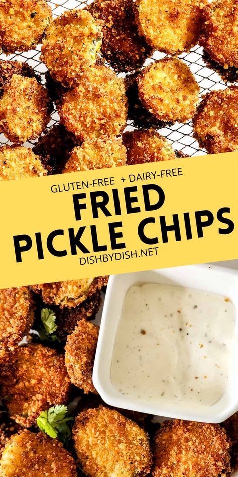 Crispy and gloriously golden brown, these gluten-free fried pickles are the perfect snack or appetizer. Accompany them with your favorite dip and serve them during your game day parties or any gathering! Totally dairy-free too! Gluten Free Dairy Free Appetizers, Gluten Free French Fries, Fried Pickle Chips, Gluten Free Dairy Free Recipes Dinner, Gluten Free Dairy Free Dinner, Gluten Free Party Food, Dairy Free Appetizers, Dairy Free Recipes Easy, Pickle Chips