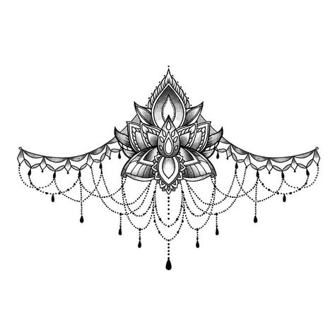 Sternum Tattoo Lotus, Tato Mandala, Sternum Tattoo Design, Underboob Tattoo Designs, Tato Henna, Underboob Tattoo, Chest Tattoos For Women, Sternum Tattoo, Mandala Tattoo Design