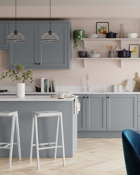 Kitchen Diner Wall Colours, Grey And Peach Kitchen, Pink Walled Kitchen, Navy Kitchen Pink Walls, Light Blue And Grey Kitchen, Best Colours For Kitchen Walls, Grey Kitchen Cabinets Pink Walls, Blue Kitchen Pink Walls, Pink Painted Kitchen Walls