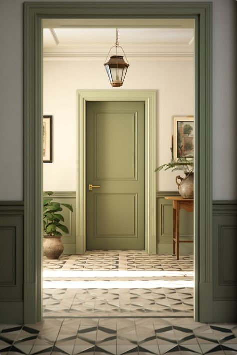 Farrow And Ball Hallway, Green Door, Hallway Paint, Wooden Blinds, Green Hallway, Bedroom Doors, Hal Decor, Green Interiors, Door Color