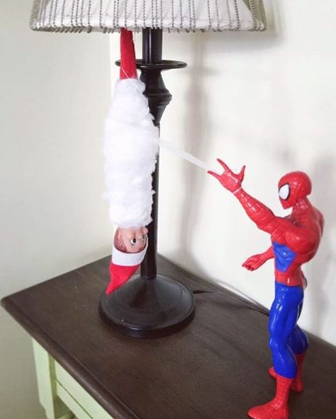 Never mess with Spider-Man Tippy! Elf On The Shelves, Elf Idea, Elf Shenanigans, Bad Elf, Timmy Time, Elf Shelf, Awesome Elf On The Shelf Ideas, Elf Magic, Elf Activities