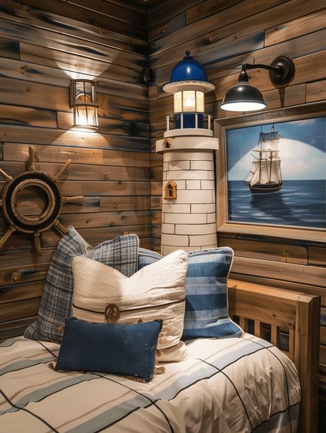 43 Nautical Bedroom Ideas That Will Bring Out The Sailor In You Dark Nautical Bathroom, Nautical Bedroom Master, Dream Lakehouse, Nautical Bedroom Ideas, Nautical Kids Bedroom, Sailor Room, Nautical Decor Living Room, Nautical Interior Design, Botanical Mural