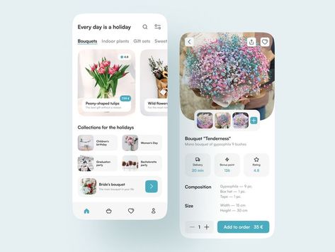 Flower Shop Concept, Flowers Graphic Design, Graphic Design Minimal, Indoor Plant Gifts, Holiday Bouquet, Ux App Design, Flower App, Flowers Graphic, Mobile App Design Inspiration