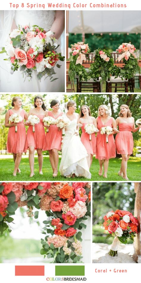 Green Spring Wedding, Spring Wedding Color Palette, Coral And Green, Rustic Wedding Colors, Wedding Color Palettes, Coral Bridesmaid, White Bridal Gown, Coral Bridesmaid Dresses, Wedding Color Combos