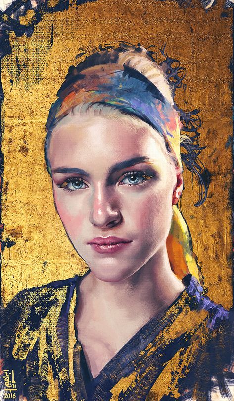 Portrait Art Background Idea, Portrait Painting Background Ideas, Gold Portrait Painting, Portrait Background Painting, Painted Portraits Of Women, Portrait Background Ideas, Portrait Drawing Tutorial, Contemporary Portrait Painting, Female Portrait Painting