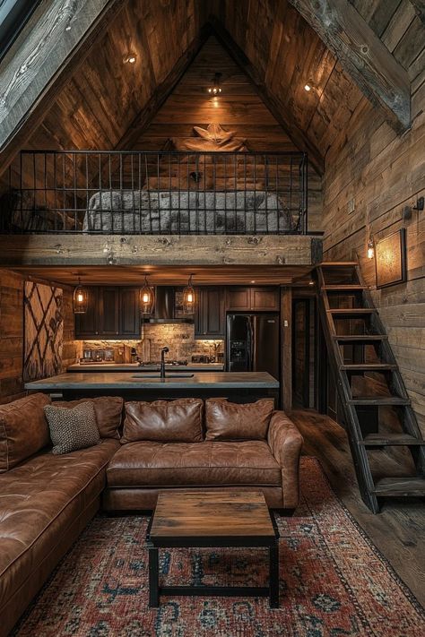 29 Small Cabin Interior with Loft Ideas for Smart Space-Saving Solutions 13 Modern Viking Longhouse, Luxury Cabin Homes, Small Cabin Layout, Rustic Tiny House Cabin, Rustic Log Cabin Interior, Log Cabins Interiors, Luxury Cabin Interior, Elevated Cabin, Texas Cabin