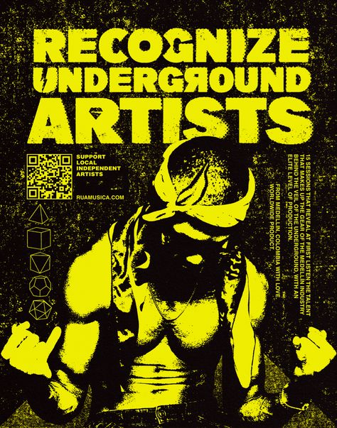 Graphic design póster urban Music project recognize underground artists experimental typography photography Medellin Colombia Hip Hop Typography, Underground Typography, Experimental Graphic Design, Poster Design Music, Colombia Poster, Underground Design, Bar Logo Design, Underground Bar, Experimental Typography